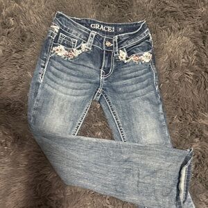 Grace Light Blue Floral girls flare jeans 7